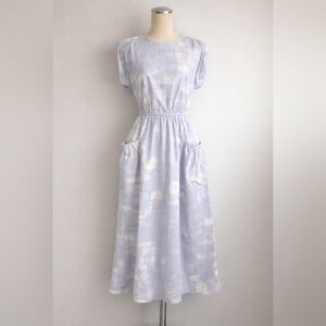 Vintage Made in England 100% Cotton Blue & White Abstract Print Midi Dress Sz 38